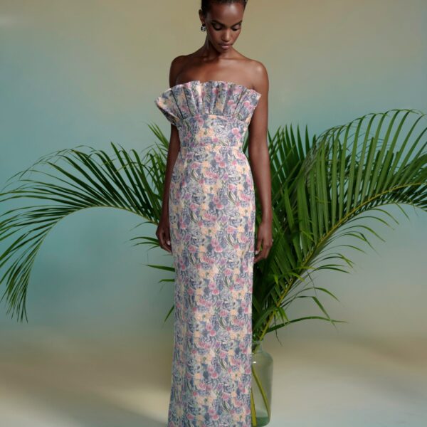 Markarian dress with romantic neckline and structured silhouette