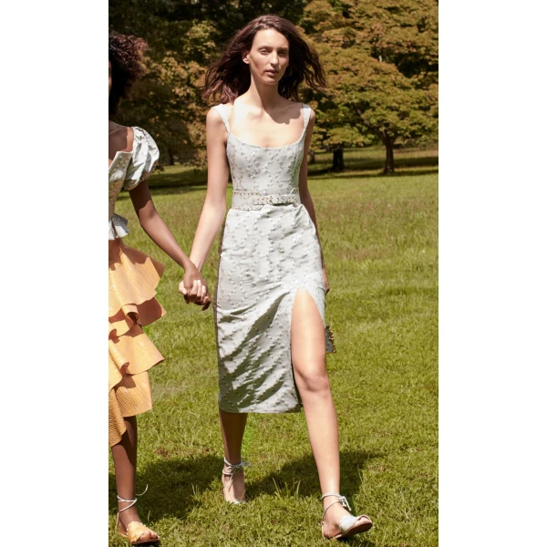 Markarian dress with romantic neckline and structured silhouette