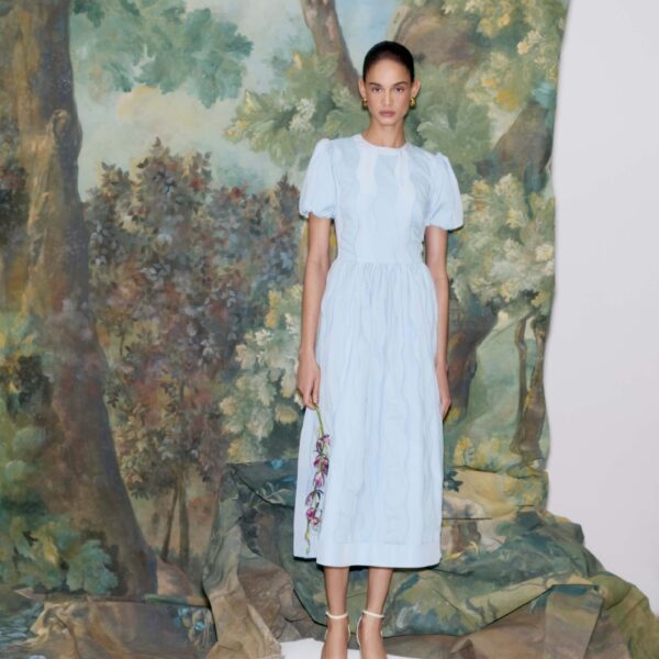 Markarian dress with romantic neckline and structured silhouette