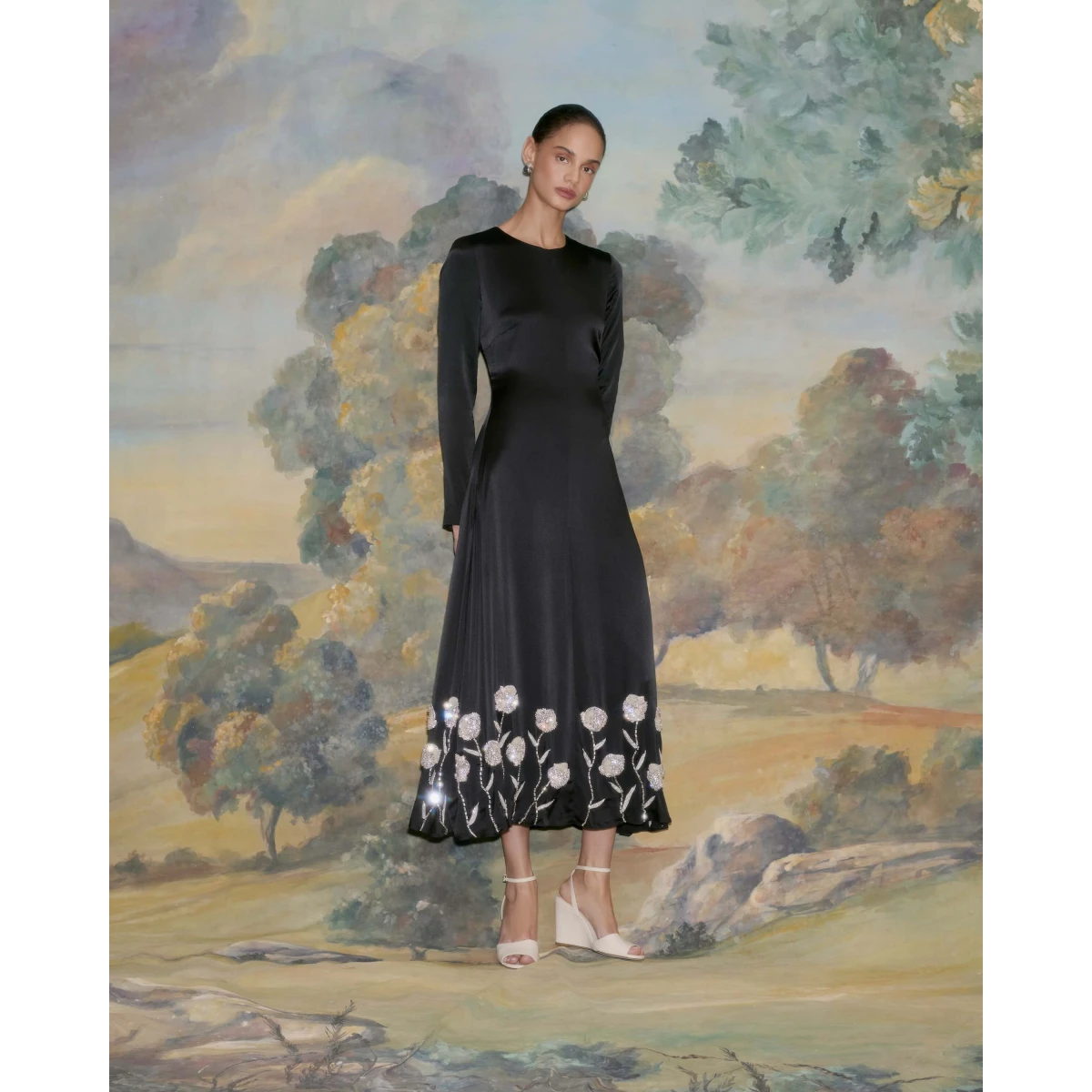 Markarian dress with romantic neckline and structured silhouette