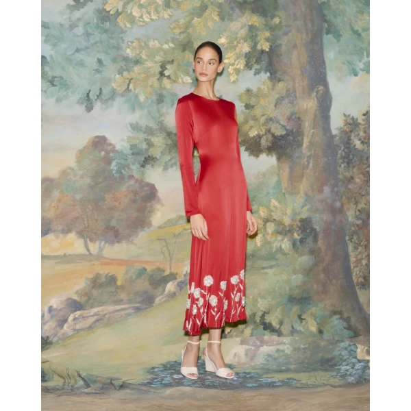 Markarian Elsie Red Handbeaded Hem Midi Dress, view 2
