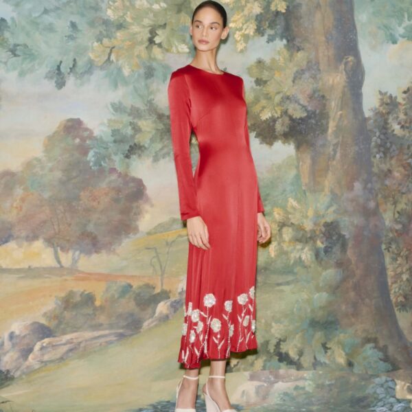 Markarian dress with romantic neckline and structured silhouette
