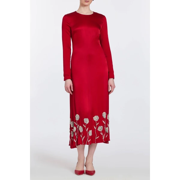 Markarian Elsie Red Handbeaded Hem Midi Dress, view 5