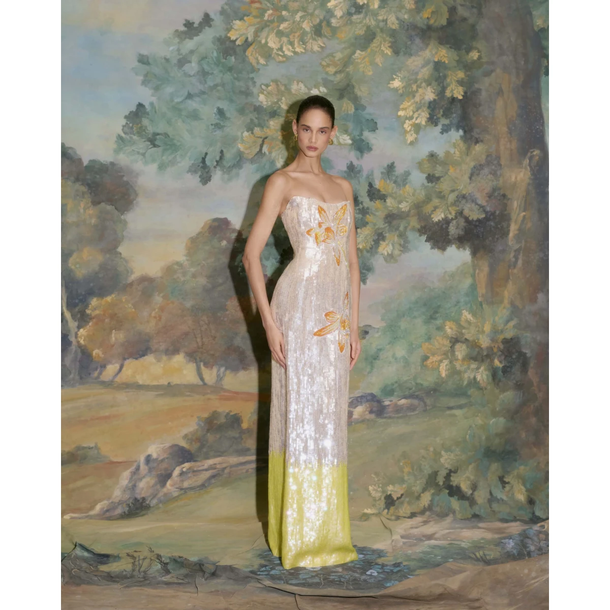 Markarian dress with romantic neckline and structured silhouette