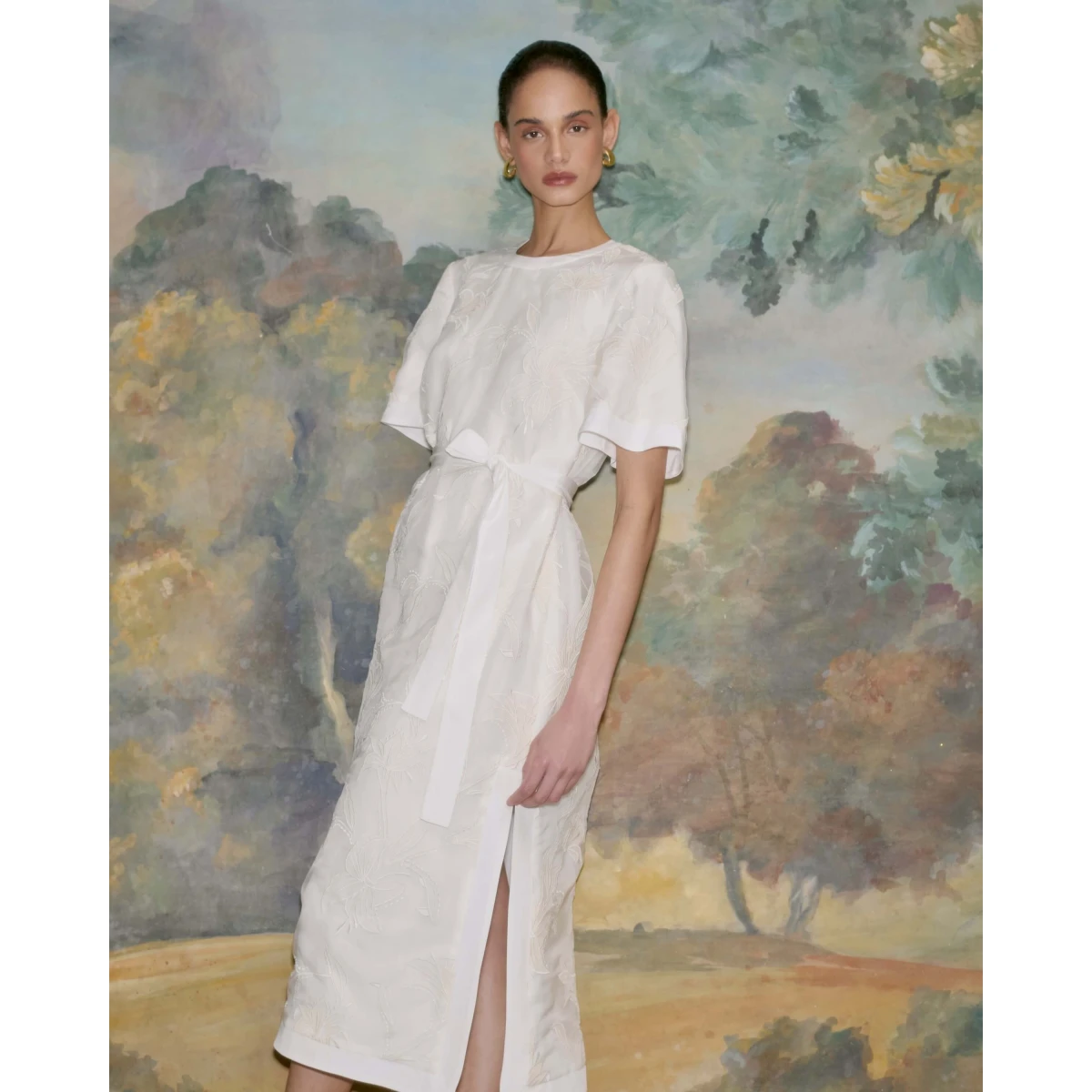 Markarian dress with romantic neckline and structured silhouette