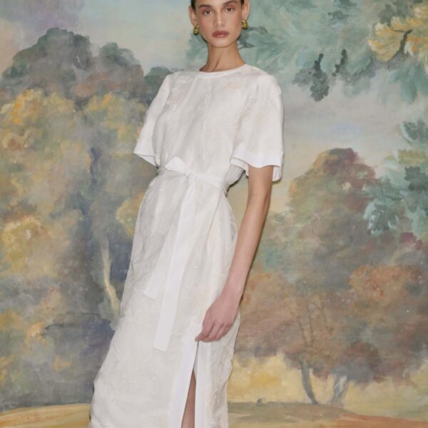 Markarian dress with romantic neckline and structured silhouette