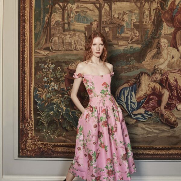 Markarian dress with romantic neckline and structured silhouette
