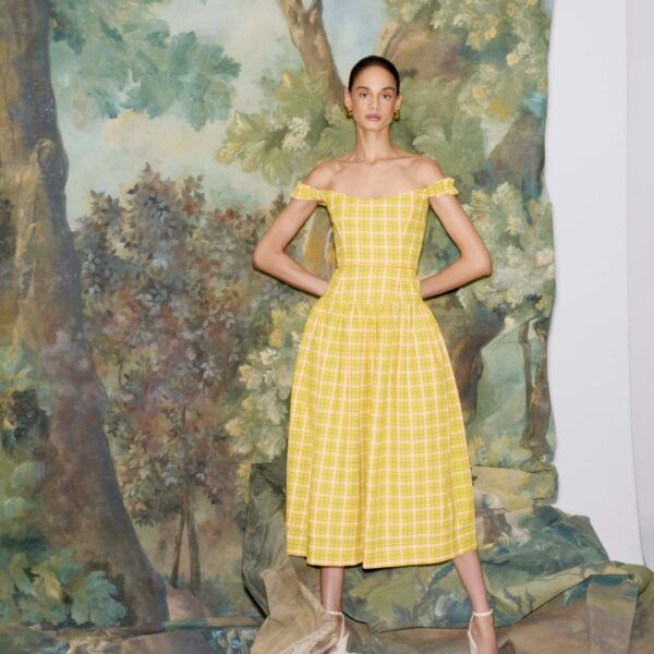 Markarian dress with romantic neckline and structured silhouette