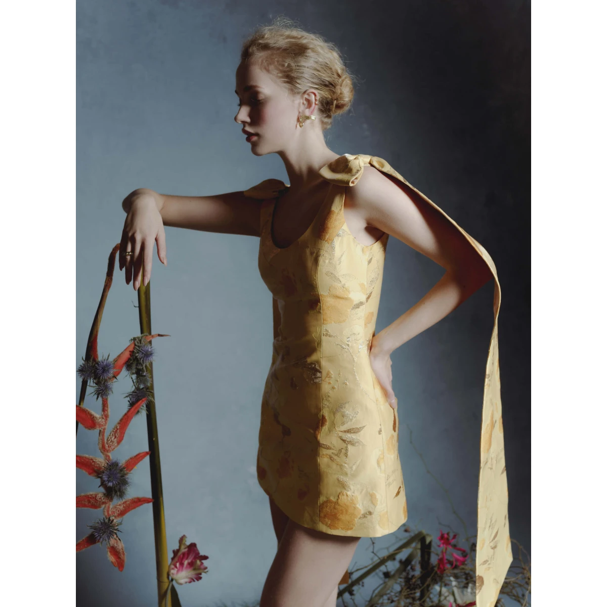 Markarian dress with romantic neckline and structured silhouette