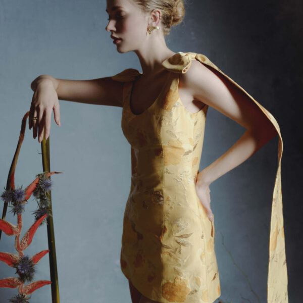 Markarian dress with romantic neckline and structured silhouette