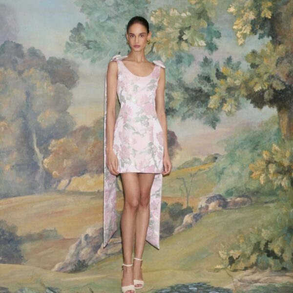 Markarian dress with romantic neckline and structured silhouette
