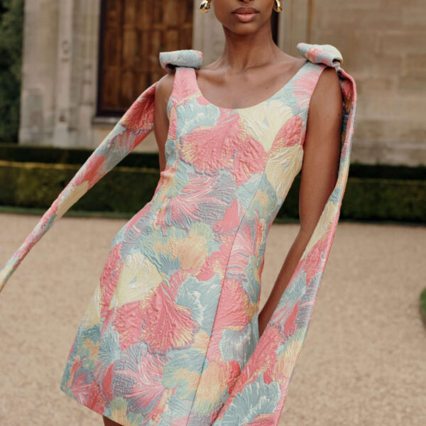 Markarian dress with romantic neckline and structured silhouette