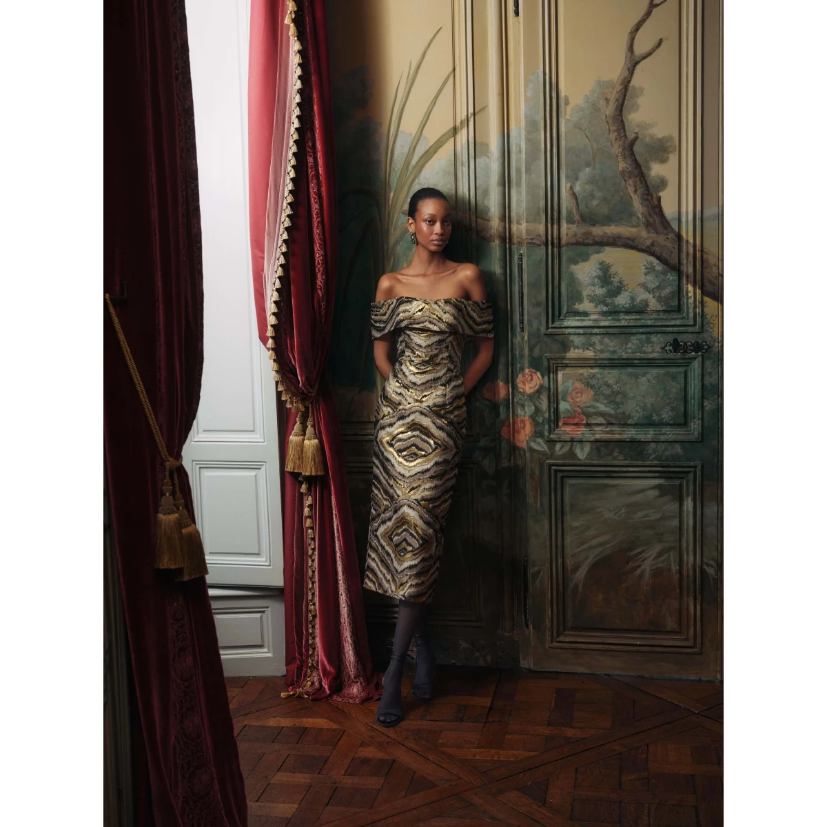 Markarian dress with romantic neckline and structured silhouette