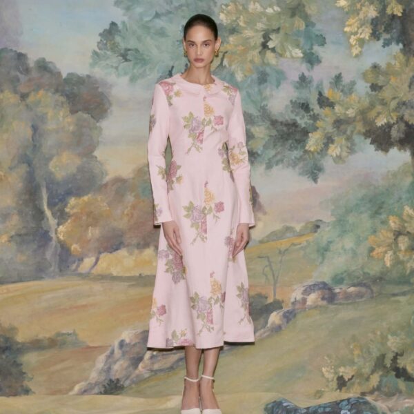Markarian dress with romantic neckline and structured silhouette