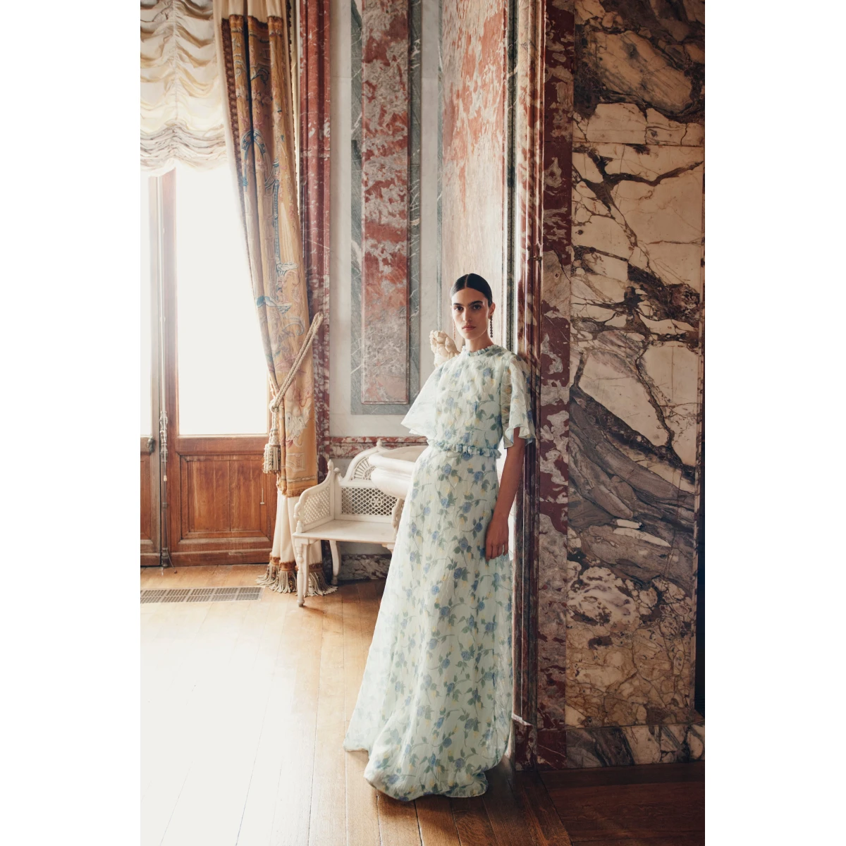 Markarian dress with romantic neckline and structured silhouette