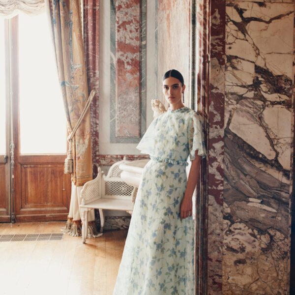 Markarian dress with romantic neckline and structured silhouette