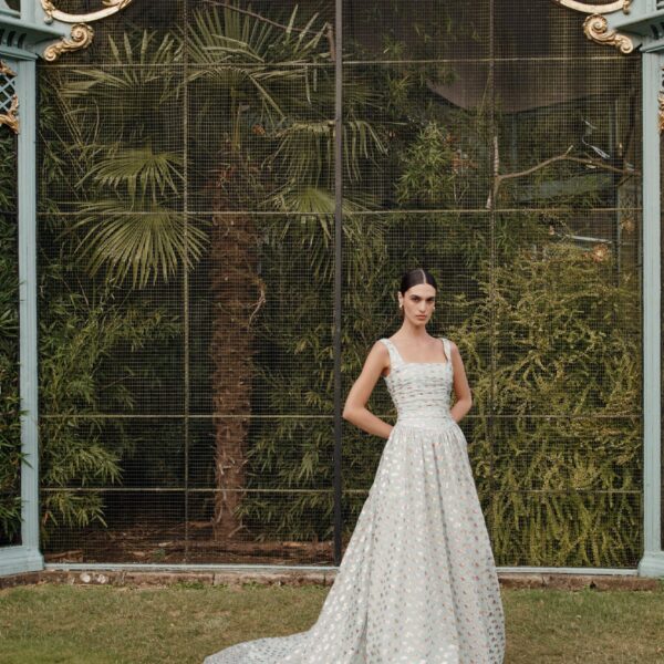 Markarian dress with romantic neckline and structured silhouette
