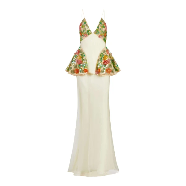 Markarian gown with romantic neckline and structured silhouette