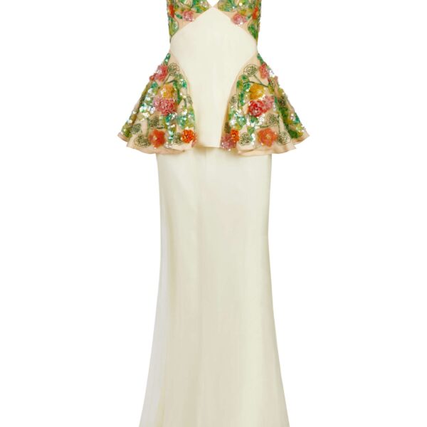 Markarian gown with romantic neckline and structured silhouette