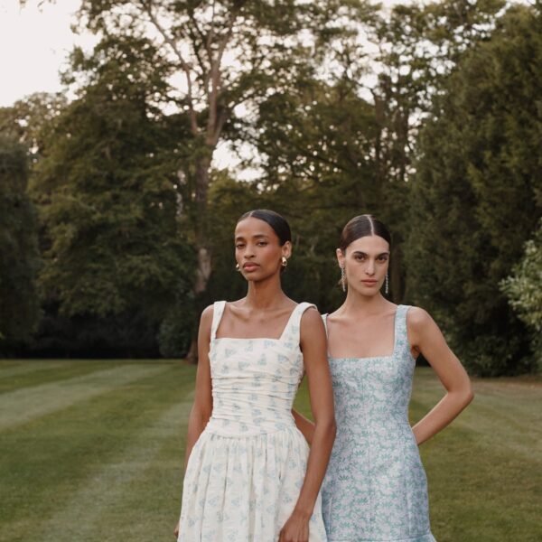 Markarian dress with romantic neckline and structured silhouette