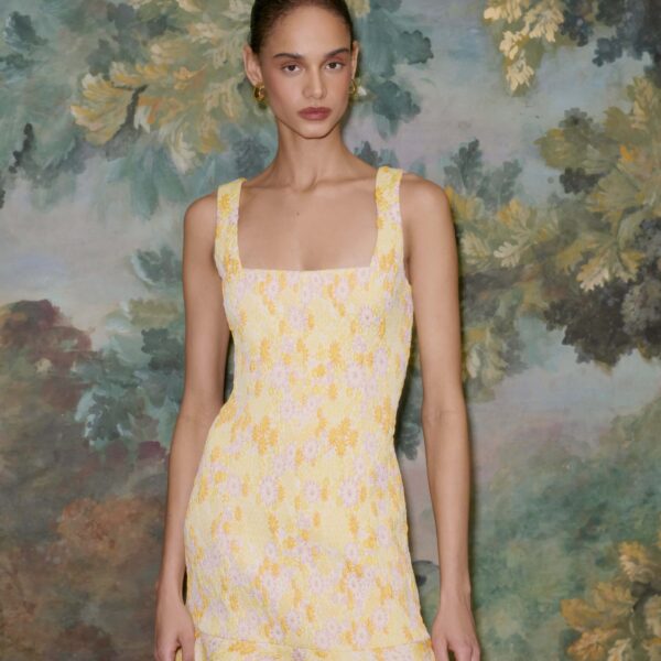 Markarian dress with romantic neckline and structured silhouette