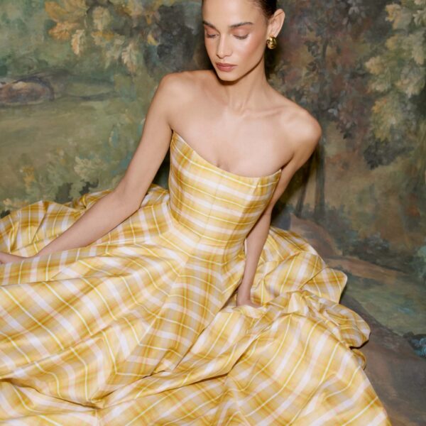 Markarian dress with romantic neckline and structured silhouette