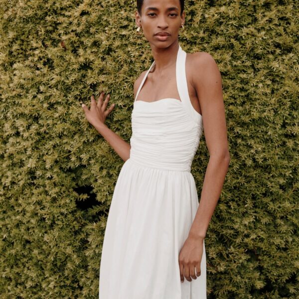 Markarian dress with romantic neckline and structured silhouette