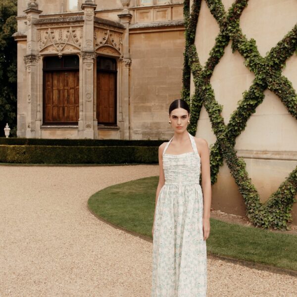 Markarian dress with romantic neckline and structured silhouette