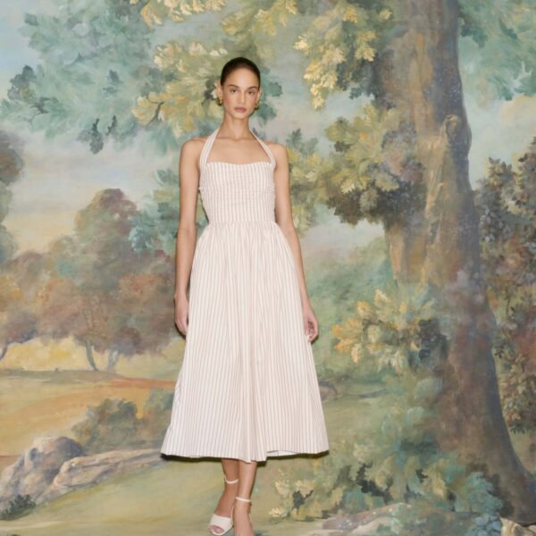 Markarian dress with romantic neckline and structured silhouette