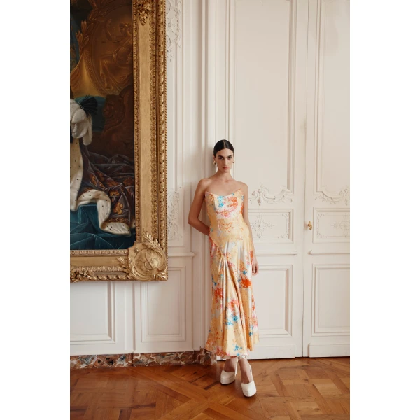 Markarian dress with romantic neckline and structured silhouette