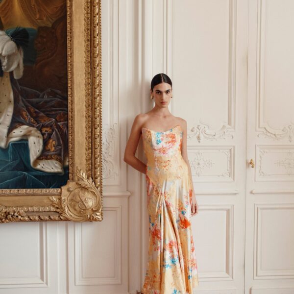 Markarian dress with romantic neckline and structured silhouette