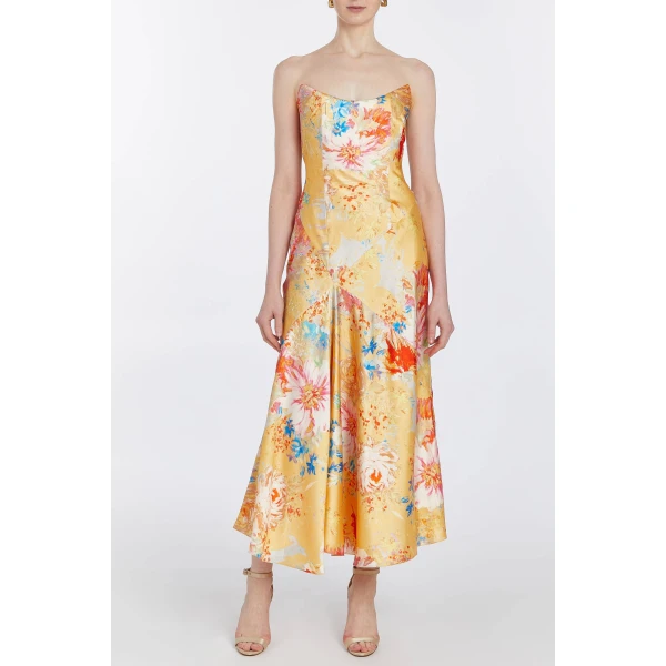 Markarian dresses with romantic neckline and structured silhouette