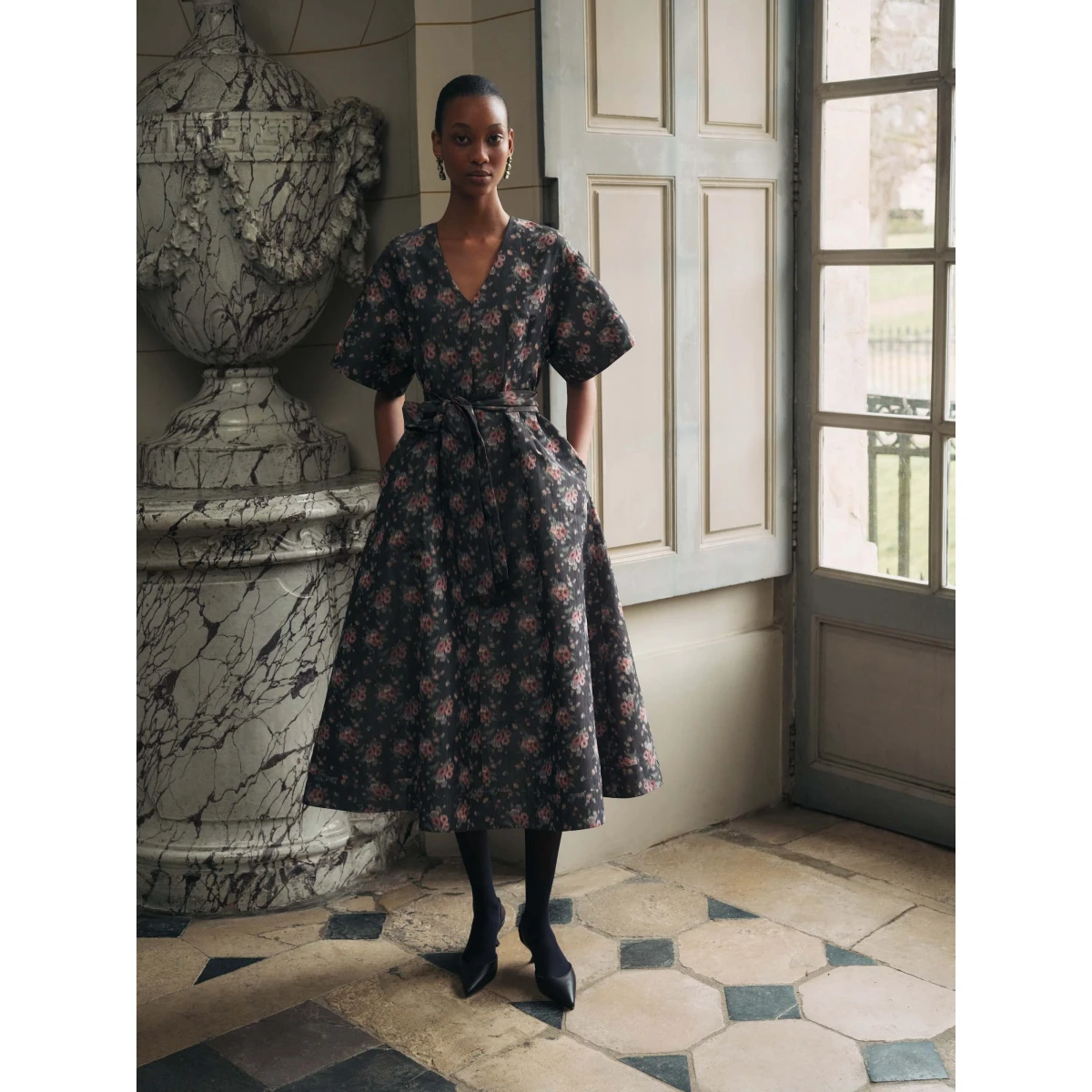 Markarian dress with romantic neckline and structured silhouette