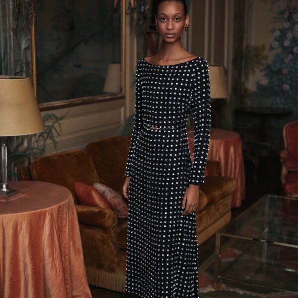 Markarian dress with romantic neckline and structured silhouette