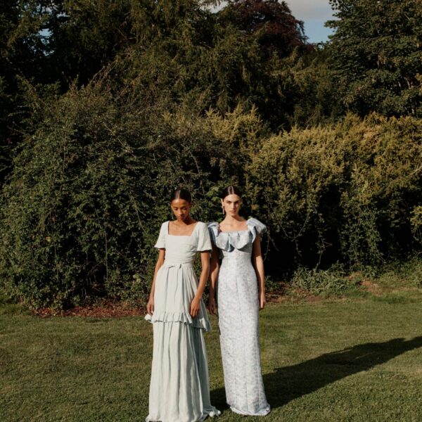 Markarian dress with romantic neckline and structured silhouette