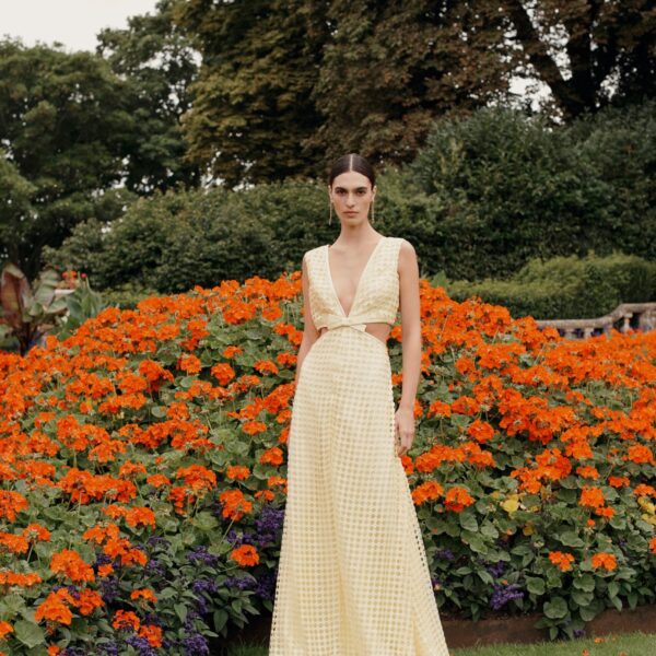 Markarian dress with romantic neckline and structured silhouette