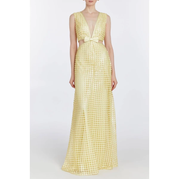 Markarian Monaca Yellow Sequin Net Gown, view 3