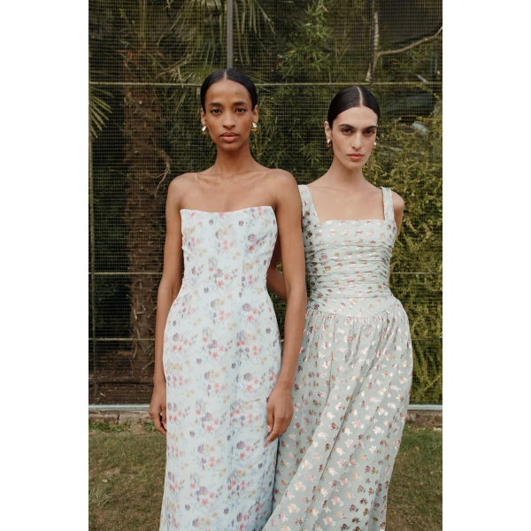 Markarian dress with romantic neckline and structured silhouette