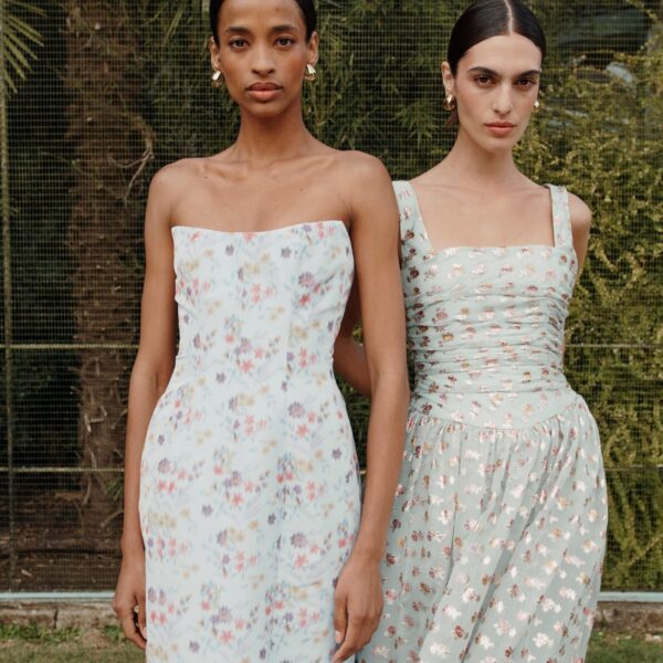 Markarian dress with romantic neckline and structured silhouette