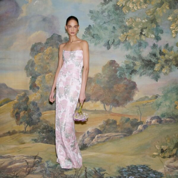 Markarian dress with romantic neckline and structured silhouette