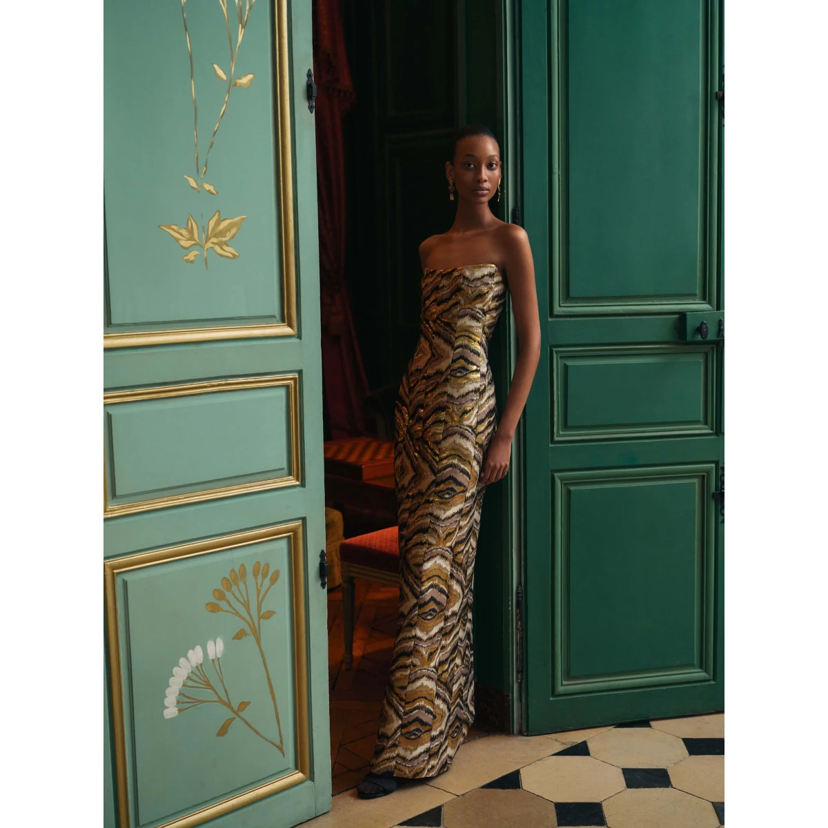 Markarian dress with romantic neckline and structured silhouette