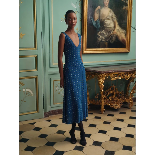 Markarian dress with romantic neckline and structured silhouette