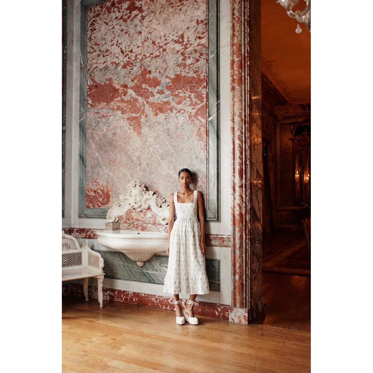 Markarian dress with romantic neckline and structured silhouette
