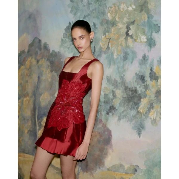 Markarian dress with romantic neckline and structured silhouette