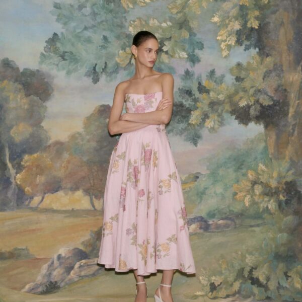 Markarian dress with romantic neckline and structured silhouette
