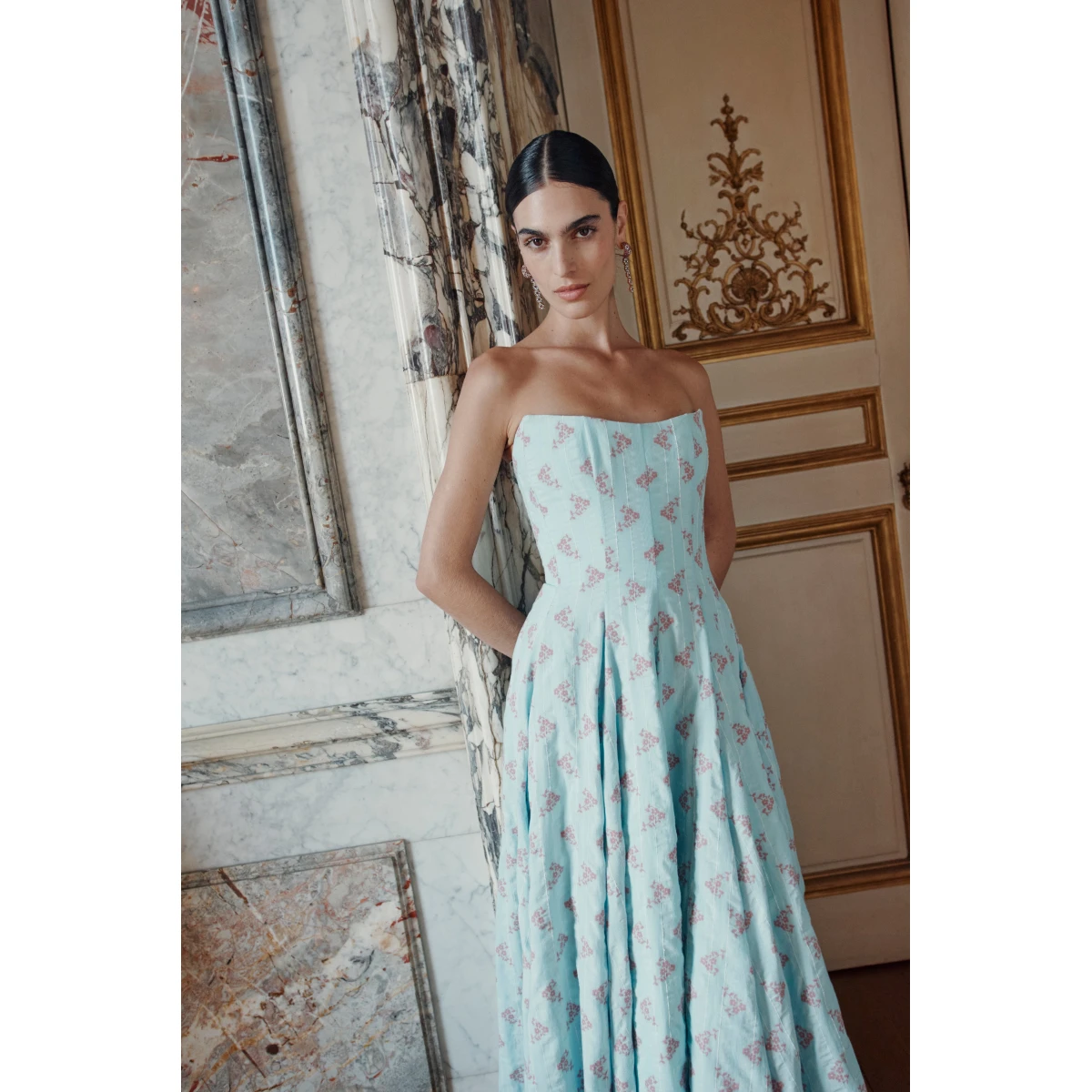 Markarian dress with romantic neckline and structured silhouette
