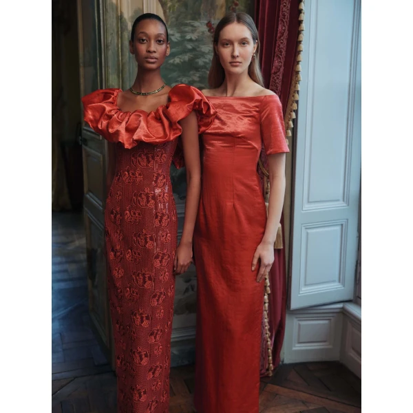Markarian dress with romantic neckline and structured silhouette