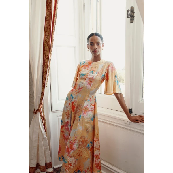 Markarian Sarah Yellow Printed Satin Midi Dress, view 2