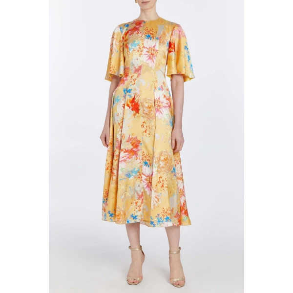 Markarian Sarah Yellow Printed Satin Midi Dress, view 3