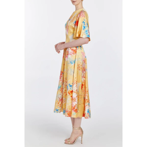 Markarian Sarah Yellow Printed Satin Midi Dress, view 4